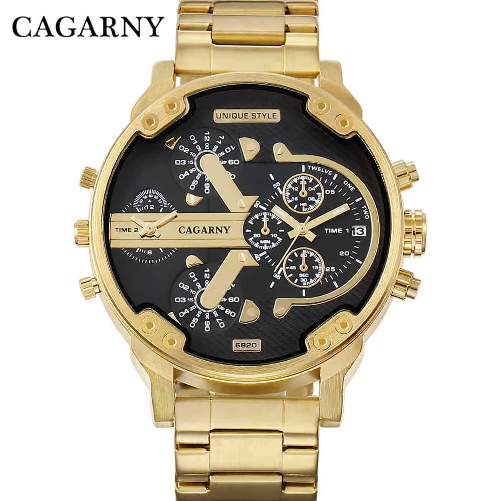 Cagarny Watches Men Fashion Quartz Wristwatches Cool Big Case Golden Steel Watchband Military Relogio Masculino  Style dz