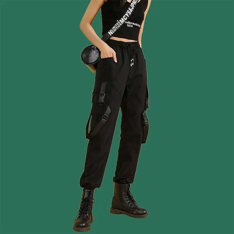 Vrachtbroek vrouwen mode harajuku zwarte elastische hoge taille harembroek meisje straatkleding hiphop broek dames outfit plus size Q0801