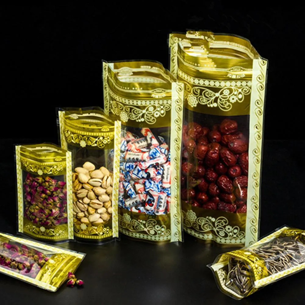 100 pcs levanta-se impressão de ouro com janela clara sacos de embalagem de plástico zip zipper vedação de alimentos embalagem