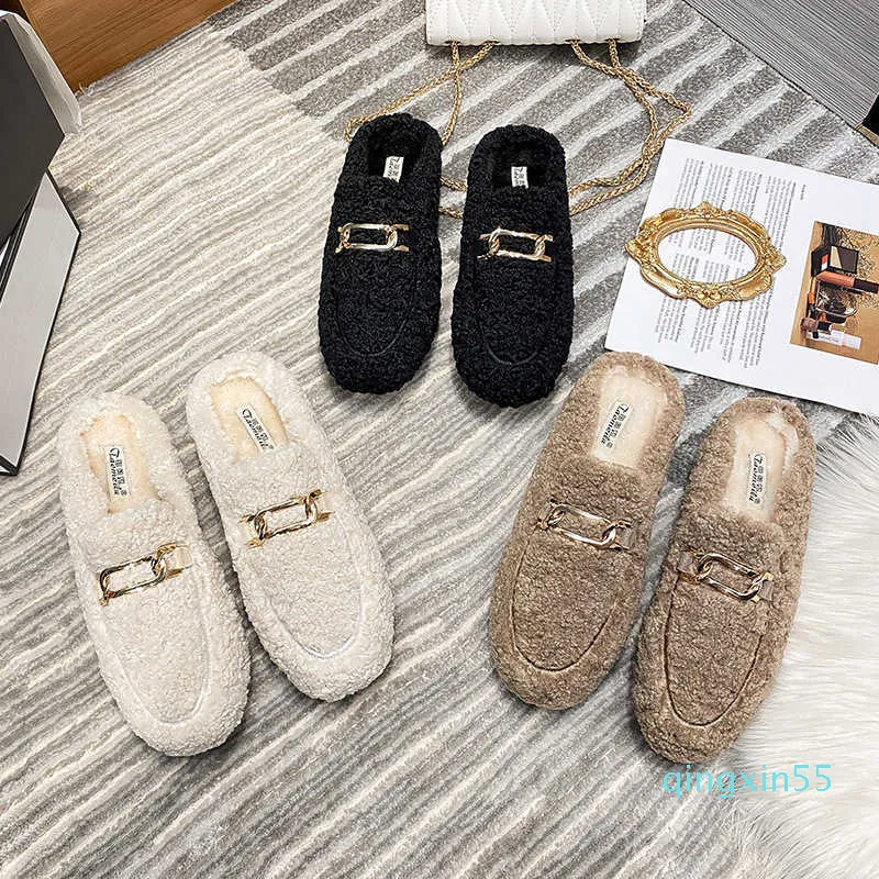 Metal Chain Lambswool Slippers Women Fur Mules Large Size 40-43 Winter Shoes Woman Flat Closed Toe Warm Plush Slides Mujer 2021