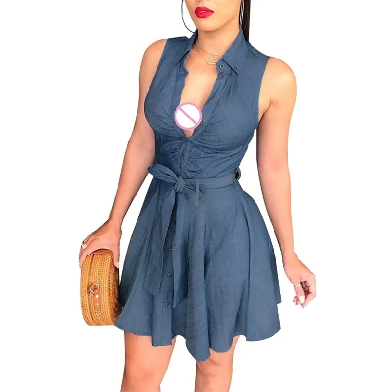 Women Dress Big Open Deep V-Neck Button Decorated Sleeveless Ruched Denim Fit and Flare High Waist Clothing 210522