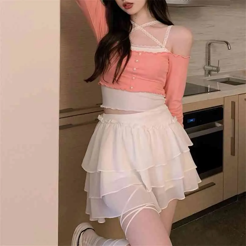 Mesh Cake Skirt+ T-shirt 2 Pcs Sets Women's Summer White A-word Short High-waisted Thin Fashion 210529