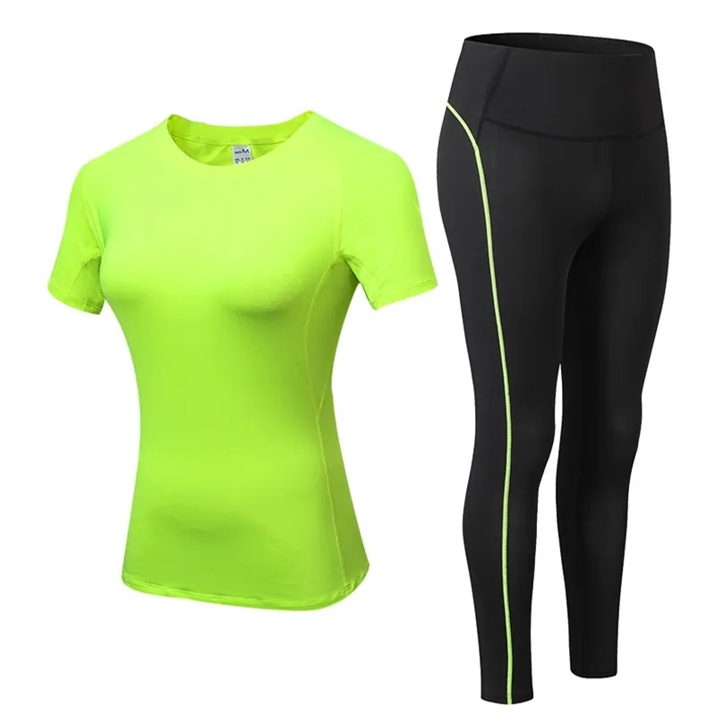 Sport Running Gym Top + Leggings Set Women Fitness Suit Trainning Clothing Workout Yoga s XXL 210802