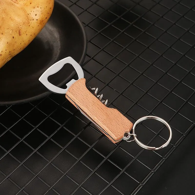 Beer Bottle Opener Keyring Keychain Stainless Steel Multifunctional Wooden Handle Corkscrew Wine Opener Bar Party Accessory New