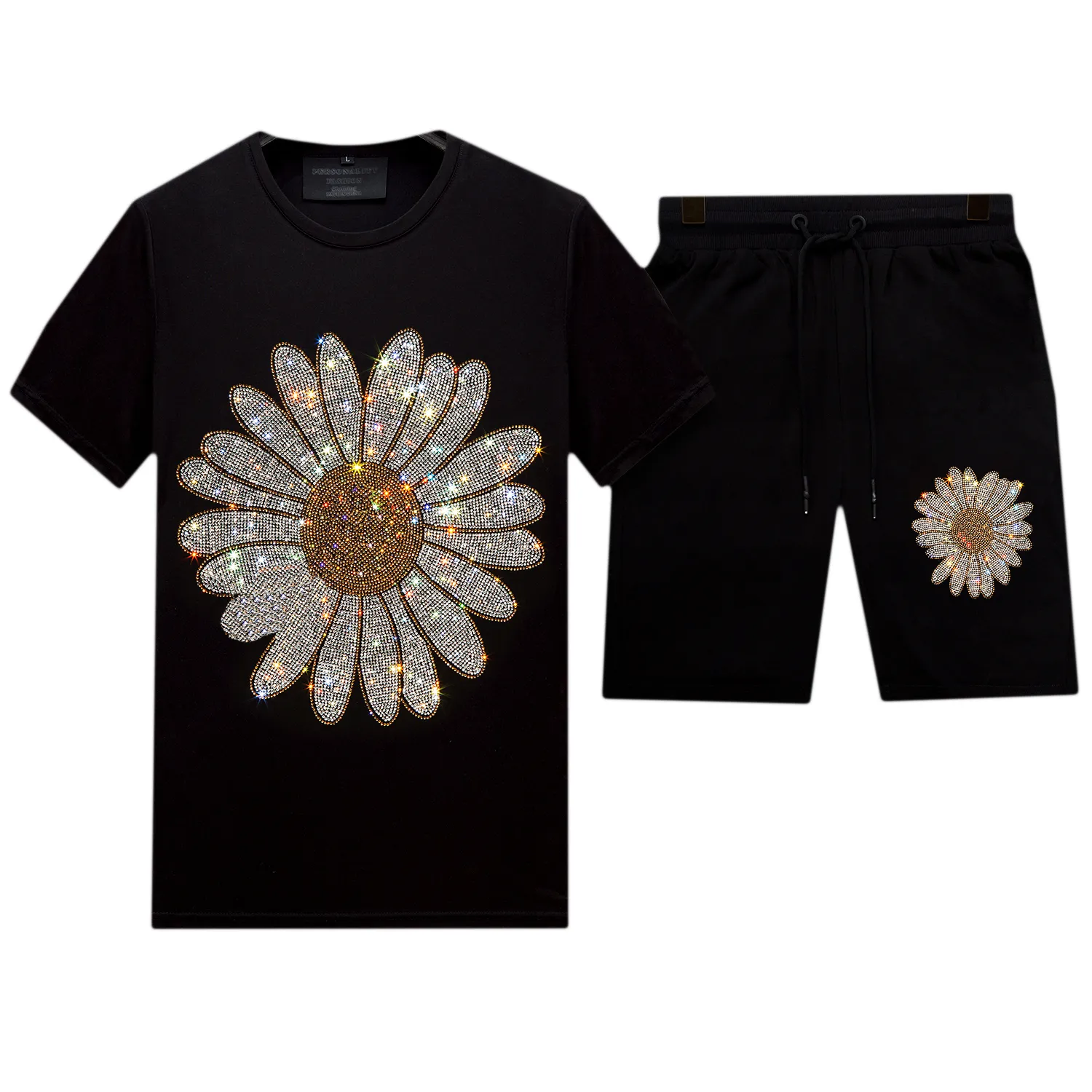 Rhinestone Mercerized Cotton T-shirt and Ice Silk Shorts Tracksuit - Casual Tops Bottoms Men 2 Piece Set for Summer