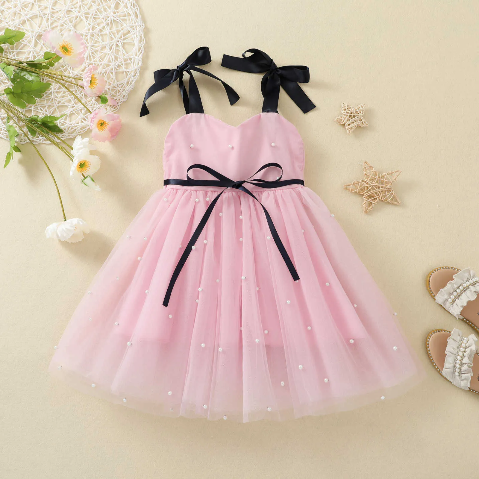 FocusNorm 1-5y Summer Baby Girls Princess Dress Solid Ärmlös Bowknot Pearl Lace Knä Längd Tutu Sundress Q0716