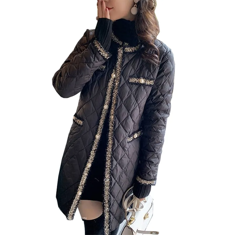 Hiver Ouaté Manteau Femmes Élégant O Cou Bouton Léger Long Chaud Survêtement Glands Patchwork Femme Noir Rembourré Veste 210918