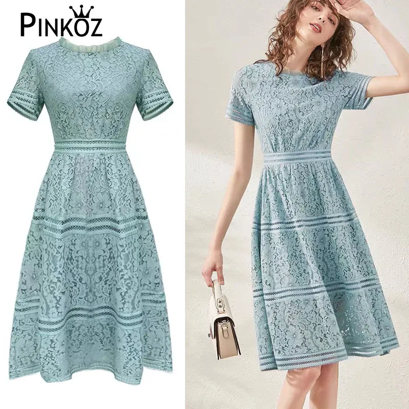 lace elegant blue office lady spring summer fashion midi dresses for women casual daily wear de ropa mujer chic 210421