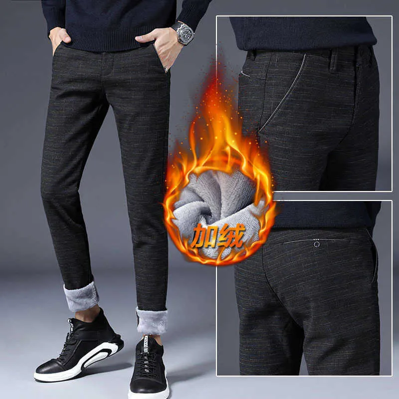 Winter Men's Fleece Dress Pants - Flannel Lined Black, Grey, and Blue Winter Trousers for Men for Work and Casual Wear (X0615)