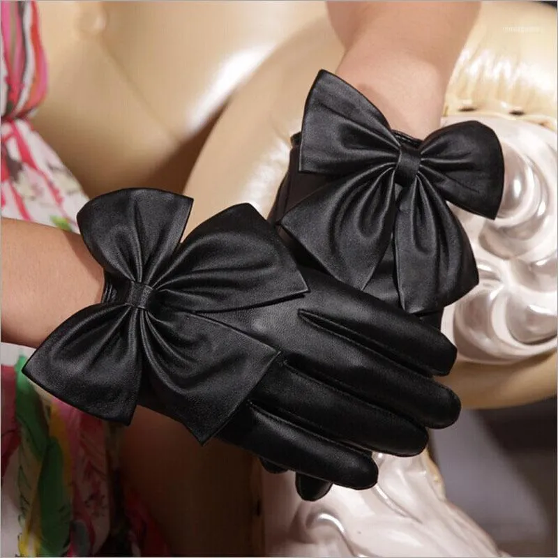 Jesień i zima Moda Kobiety Panie Butterfly Bow Wrist Soft Skórzane Rękawiczki Mitten Half Finger Gloves1