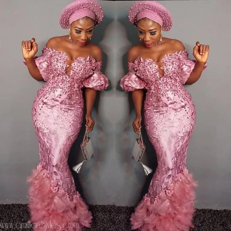 African Ebi Elegant Aso Mermaid aftonklänningar 2021 Pink Lace Nigerian Style Plus Size PROM Party Gown