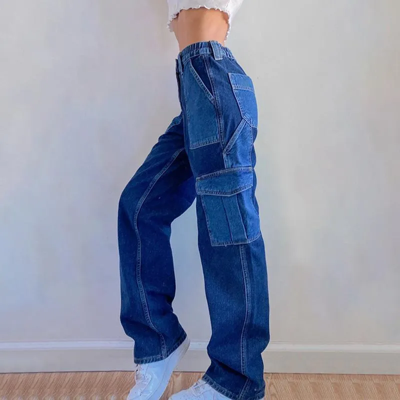 Hip Hop Baggy Jeans Vintage Elastic High Waist Patchwork Womens ...