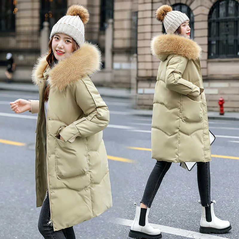 Lange Parkas für Damen, modische Kleidung im koreanischen Stil, schwarze Winterjacken mit großem Fell 210709