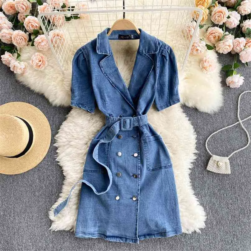 Women Fashion Sexy Retro Denim Dress Hollow Suit Collar Short Sleeve Button-down Elegant Harajuku Vestidos De Mujer S561 210527