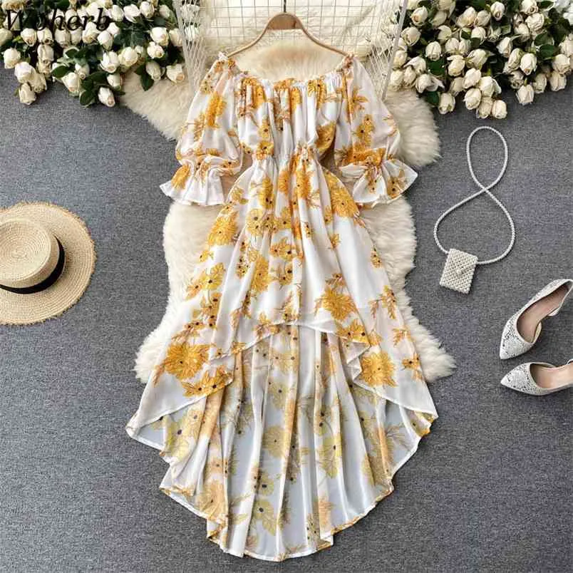 Women Dress Sweet Ruffles Off Shoulder Vestidos Mujer Korean Slim Waist Robe Irregular Floral Chiffon Holiday Dresses 210519