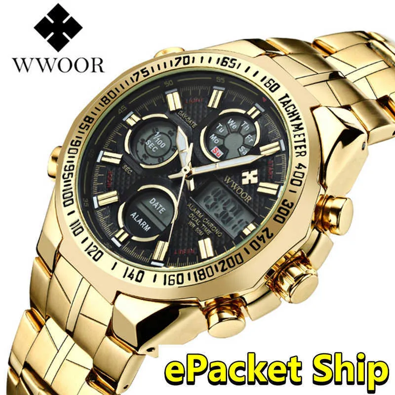 Relogio Masculino Wwoor Watch Men 2019 Top Marca Levado Levado Grande Dial Gold Wrist Watches Waterproof Golden Watch para homens X0625