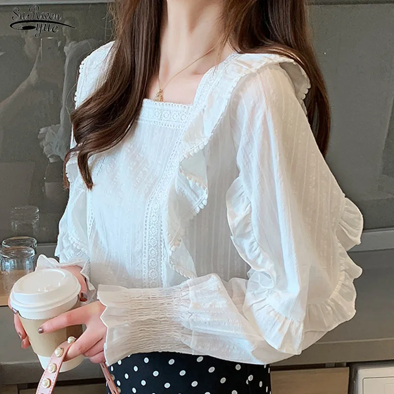 Outono coreano frouxo flare manga longa quadrado colarinho branco camisa ruffles magro macacão para mulheres vintage ropa de mujer 10695 210521