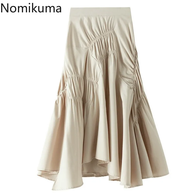Nomikuma A-line Skirt Female Fashion Black White Irregular Pleated Mid Calf Skirts Women Solid Color Jupe Longue Femme 3d612 210514