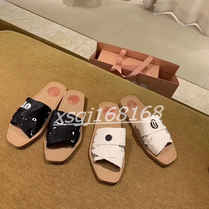 Chanclas planas de lona para mujer, sandalias de madera con cabeza cuadrada y correa cruzada, chanclas con estampado de letras, para verano, 2021