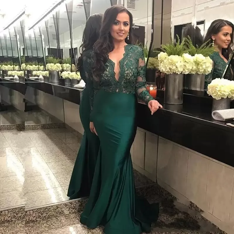 Elegant Dark Green Mermaid Evening Dresses Lace Long Sleeve Deep V-Neck Sexy Illusion Formal Evening Gowns Women Prom Dress Robes De Soriee Special Occasion