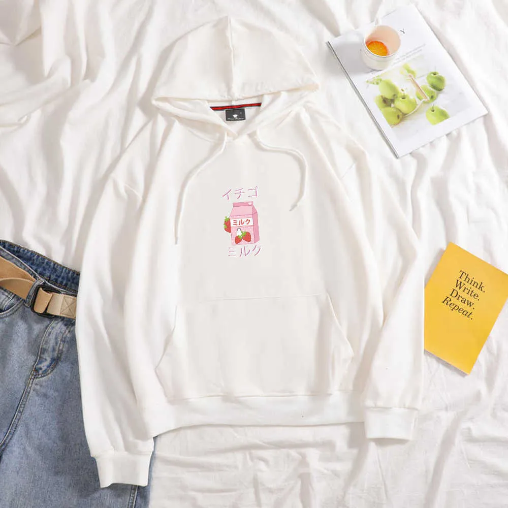 Harajuku kawaii jordgubbar mjölk bomull hoodie tröja toppar kvinnor koreanska stil jordgubbar sweatshirts schoolgirl streetwear y0820