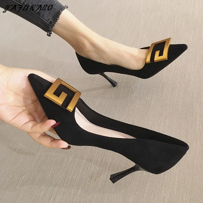 Dress Shoes French Style High Heels 2021 Designer Pointed Toe Solid Flock Thin Pumps Elegant Metal Decoration Party Single