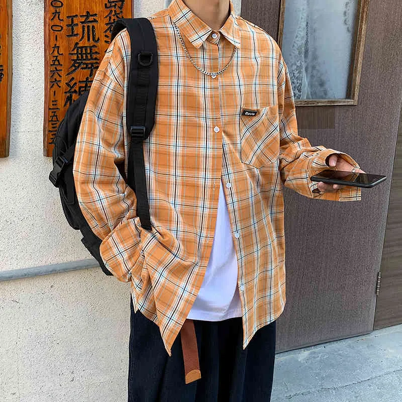 Mens Orange Blue Lattice Printed Loose Fit Shirt Hawaiian New