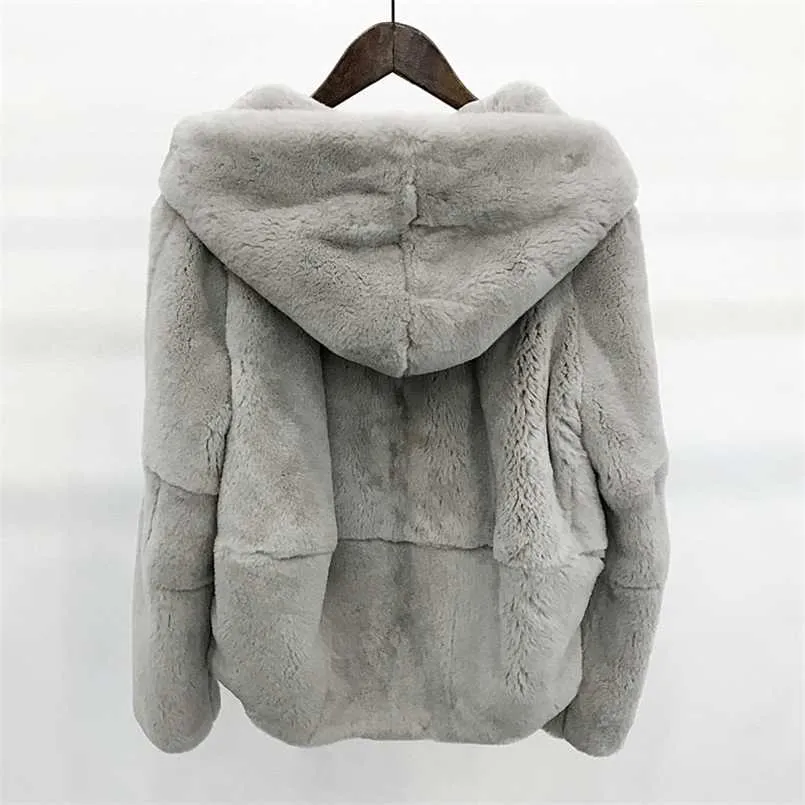 whole skin natural real Rex fur coat clothing women's winter hooded short jacket long-sleeved outerwear coat large size 211007