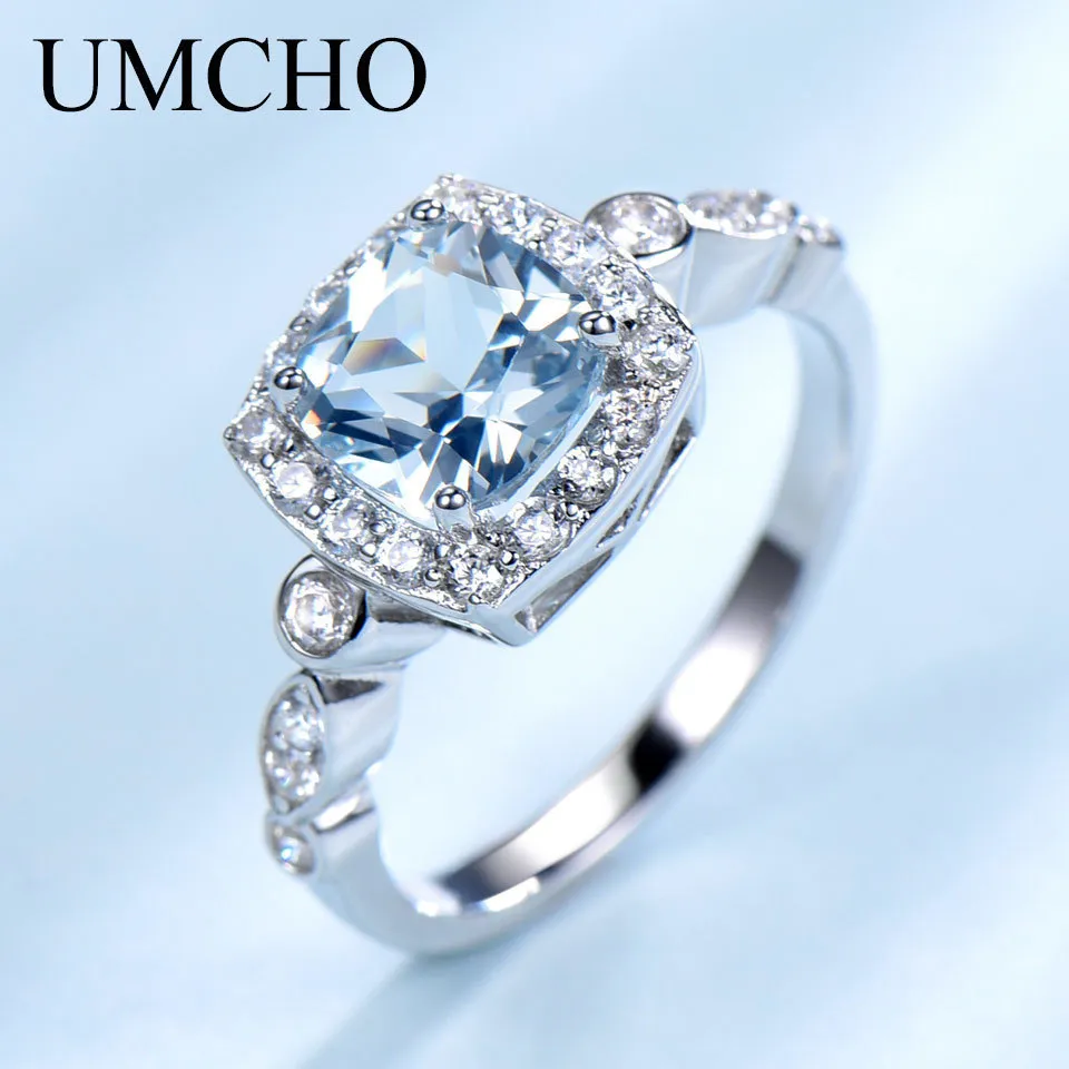Umcho Gerçek S925 Ayar Gümüş Yüzükler Kadınlar Için Mavi Topaz Yüzük Taş Aquamarine Yastık Romantik Hediye Nişan Takı Y19051803