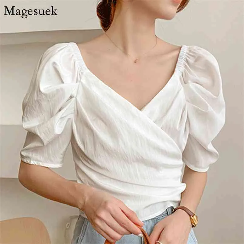 Korean Lace-Up Summer V-neck Chic Shirt Women Puff Short Sleeve Solid Woman Blouses Casual Chiffon Tops Blusas Femme 14277 210512