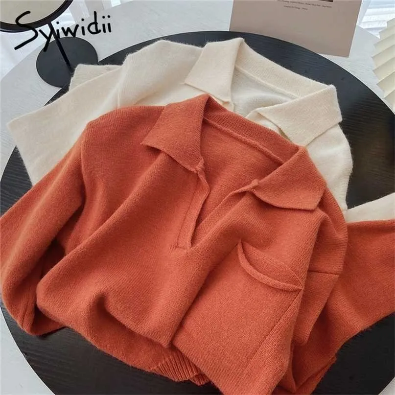 Syiwidii ​​Orange Beskuren Sweater Womens Pullover Fall Fashion Casual Turn-down Collar Kort Slim Skinny Vit Gröna Toppar 211011