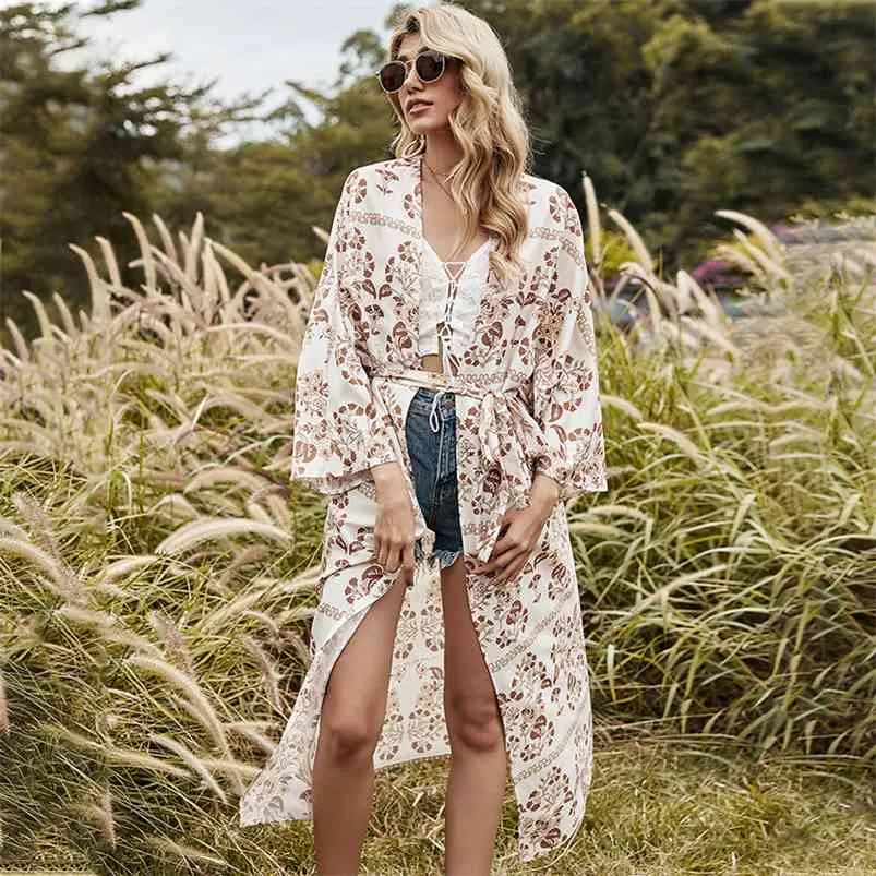 Floral Print Bohemian Beach Kimono Dress Cover-ups Summer Maxi Long Casual Boho 210427