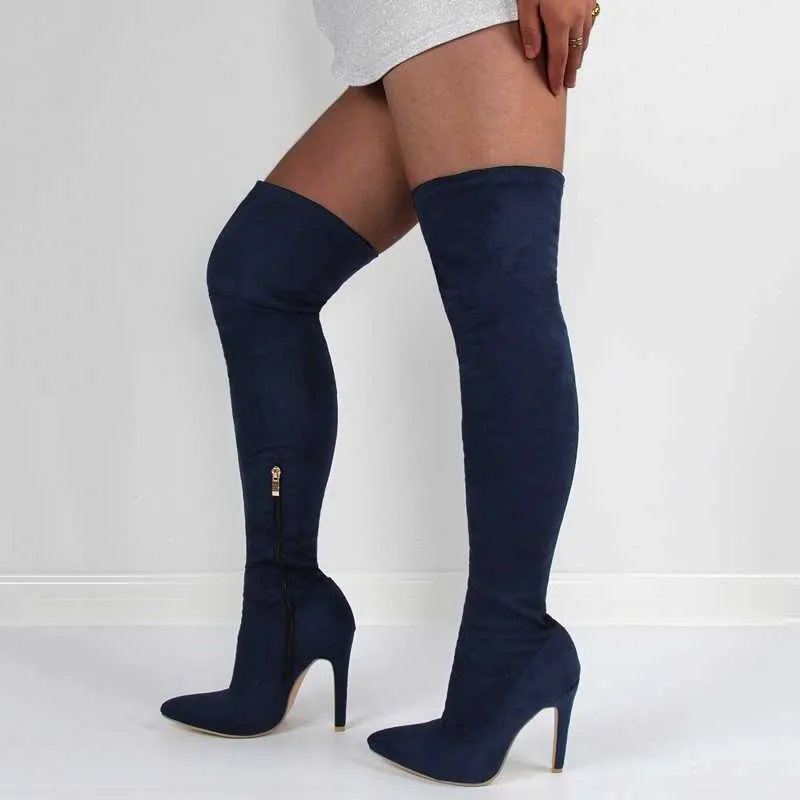 Boots Mature Dark Blue Stretch Long Pointy Toe High Heel Women Shoes Suede Leather Over The Knee Skintight