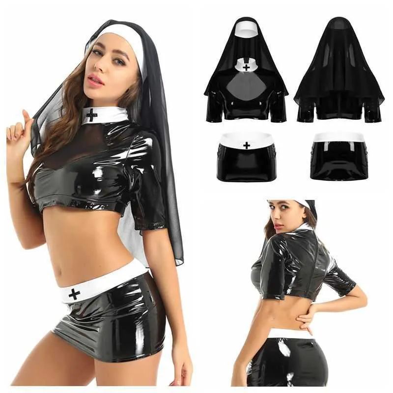 Mulheres Adultos Sexy Naughty Nun Cosplay Costumes Halloween Roleplay Outfit Crop Top com Saia Bodycon e Headpiece para Clubwear 210616