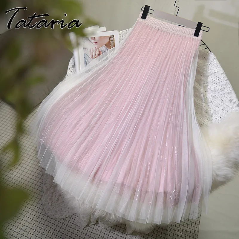 Татария высокая талия юбка для женщин сетка плиссированная яркая шелковая пряжа S причинный красивый градиент цвета S 210514