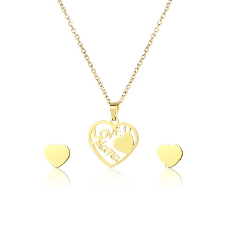 Set di gioielli per collana con ciondolo regalo per la festa della mamma Set di orecchini a bottone con parole a forma di cuore vuoto in acciaio inossidabile Love U Mama