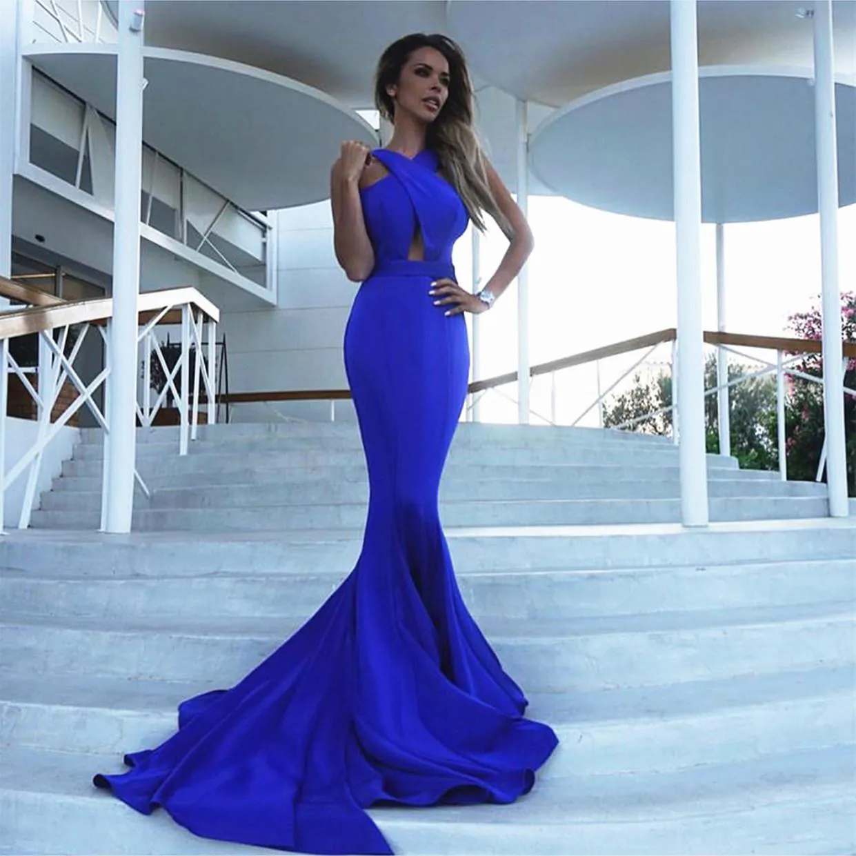 2021 Kobiety Suknia wieczorowa Vestidos Sexy Solid Blue Slim Long Dress Kobiety Suknie Moda Party Dress Vestido de Fiesta