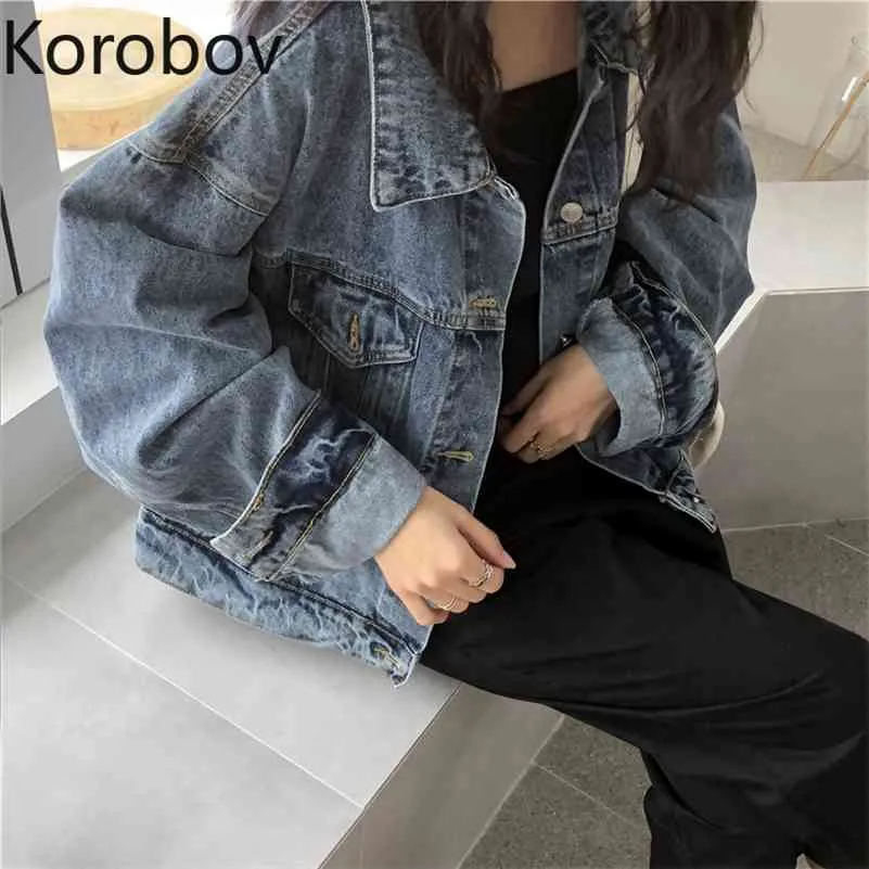 Korobov Dames Denim Jas Harajuku Streetwear Lange Mouwen Turn-Down Collar Jas Vintage BF-stijl Zakken Chaqueta Mujer 79525 210430