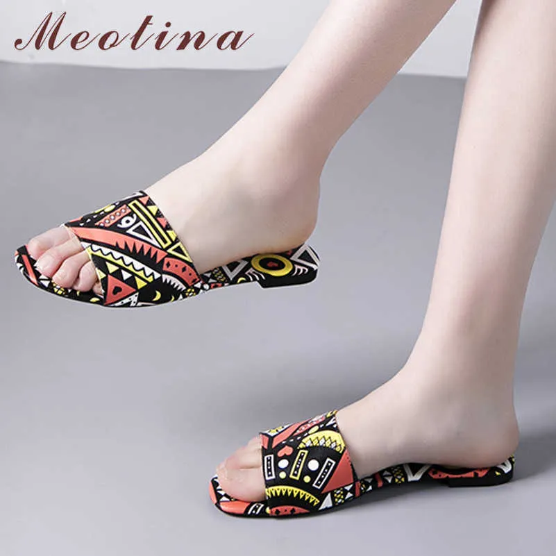 Meotina gemengde kleuren platte slippers open teen glijbanen vrouwen ronde neus strand schoenen zomer platte sandalen vrouwelijke groene grote maat 44 210608