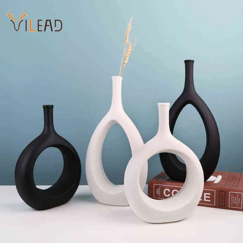 VILEAD Ceramic Decorative Hydroponic Dried Flower Vases Creative Modern Home Figurines for Interior Decor Support for Planter 211118