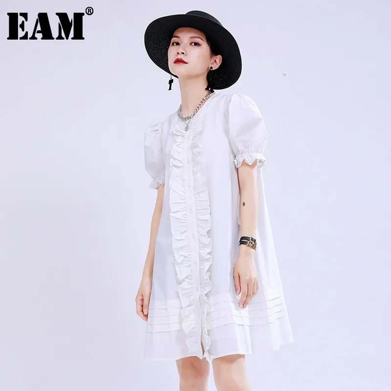 [EAM] Kvinnor Vit Ruffles Split Joint Temperament Klänning Rund Neck Kortärmad Loose Fit Fashion Spring Summer 1w191 21512