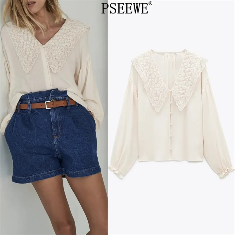 Beige Embroidered Woman Blouses Fashion Spring Summer Puff Long Sleeve Button Up Shirt Elegant Women 210519