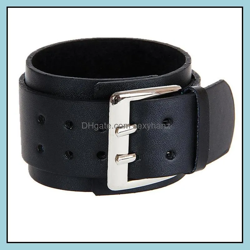 Retro wide leather bracelet fashion punk rock exaggerated double leather big buckle men