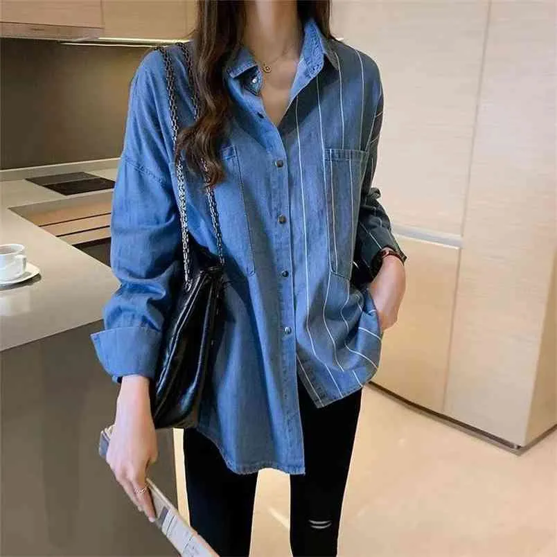 Spring Autumn Women Double Pocket Loose Striped Denim Shirt Back Single-breasted Casual Blouse Plus Size Blusas Mujer S298 210512