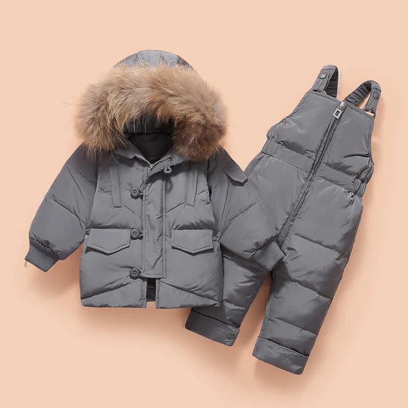 Kalın Sıcak Bebek Bebek Snowsuit 2 Adet Kapşonlu Düğmeler Aşağı Ceketler + Tulum Yeni Kış Yürüyor Erkek Kız Giyim Setleri Kar Giyim H0909