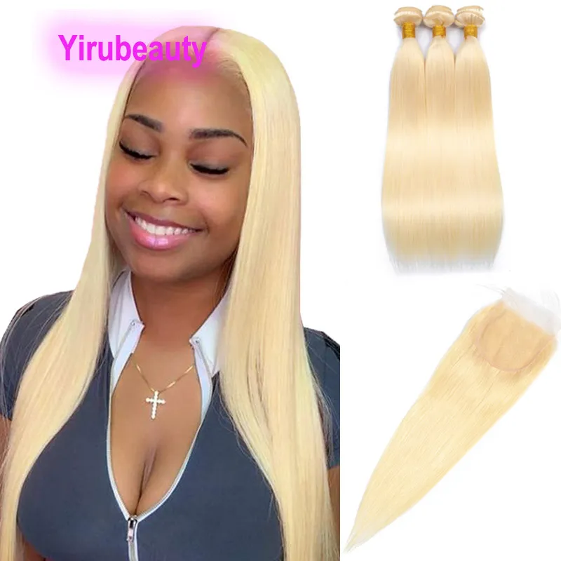 Peruvian Blonde Color 613# Straight 3 Bundles Hair Wefts With 4X4 Lace Closure Free Middle Three Part 100% Human Hairs 16-30inch