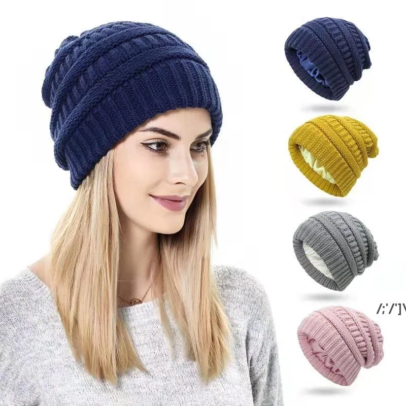 Winter Knit Woolen Beanie Hats Women Satin Lined Warm Knitted Hat Soft Stretch Outdoor Cycling Sports Cap RRB12817