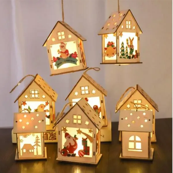 Christmas Home Decoration log cabin Hangs Wood Craft Kit Puzzle Toy Xmas Wooden House with candle light bar Children's holiday gifts