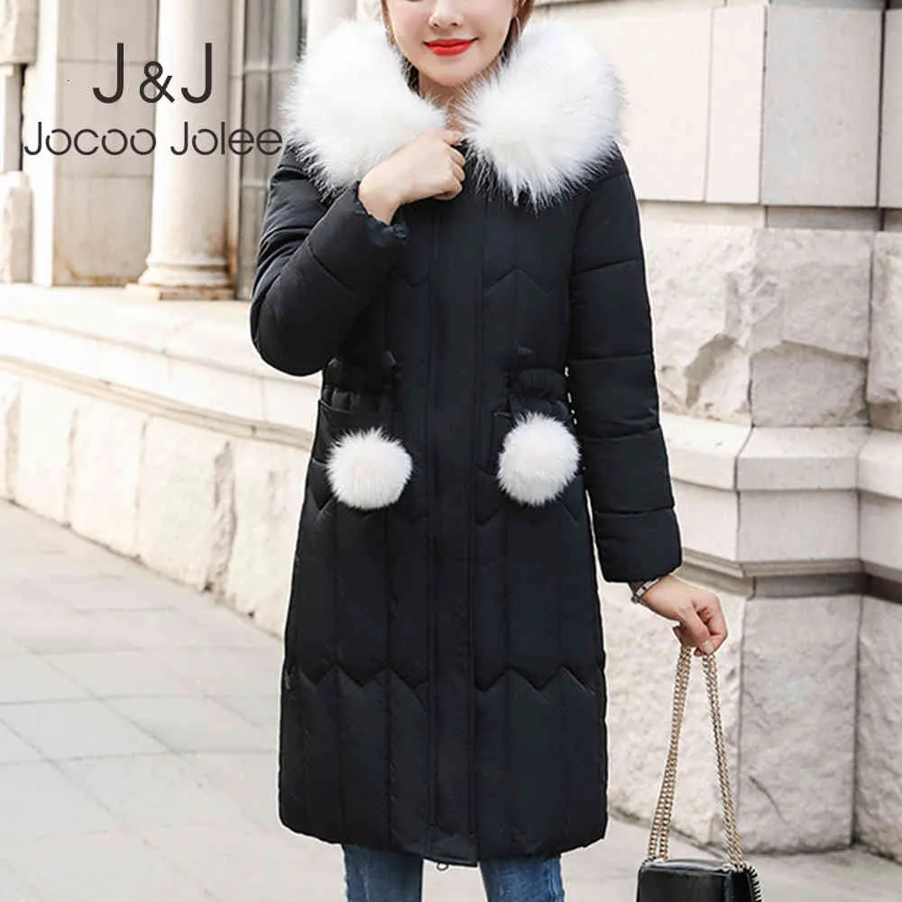 Jocoo Jolee Women Korean Slim Long Coat Sweet Winter Fur Hooded Cotton Padded Jacket Plus Size 5XL Outwear Casual Overcoat 210518