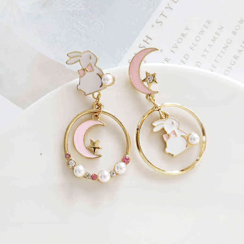 New Fashion Moon Stars Rabbit Dangle Earrings For Women Flower Kitten Fishbone Crystal Pearl Asymmetrical Earring Party Jewelry G220312